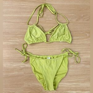 Weekday Lime Green Textured Floral String Bikini Set Strappy Triangle S/M